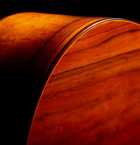 The back binding and purfling of a 1976 Jose Ramirez "2a" classical guitar made of cedar and CSA rosewood