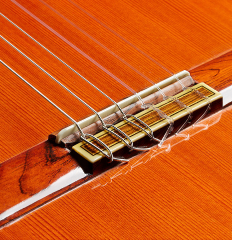 The bridge, tie-block and saddle of a 1976 Jose Ramirez "2a" classical guitar made of cedar and CSA rosewood