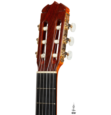 The headstock of a 1976 Jose Ramirez "2a" classical guitar made of cedar and CSA rosewood