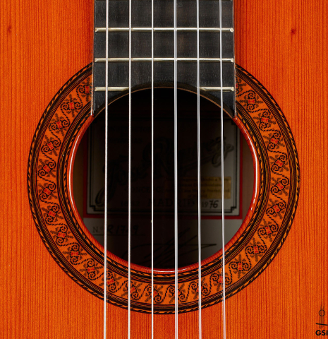 The rosette of a 1976 Jose Ramirez "2a" classical guitar made of cedar and CSA rosewood