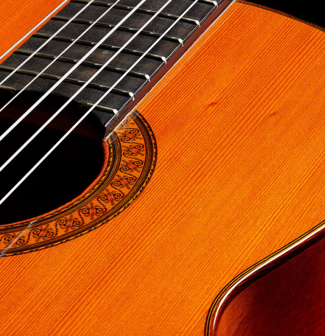 The soundboard, fingerboard and rosette of a 1976 Jose Ramirez "2a" classical guitar made of cedar and CSA rosewood