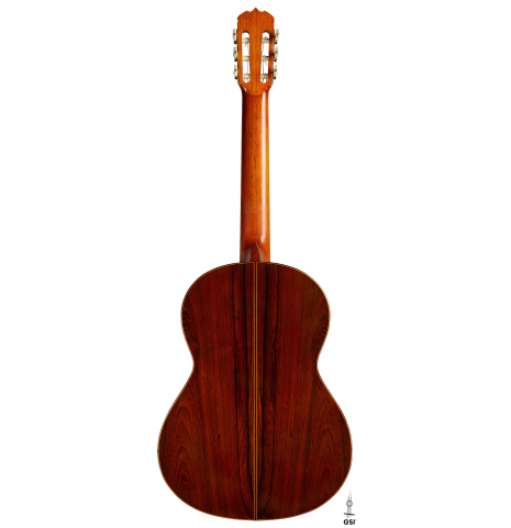 The back of a 1966 Jose Ramirez "1a AM" classical guitar made of cedar and CSA rosewood by Antonio Martinez.