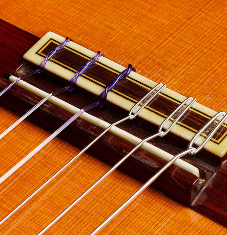 The bridge, tie-block and saddle of a 1966 Jose Ramirez "1a AM" classical guitar made of cedar and CSA rosewood by Antonio Martinez.