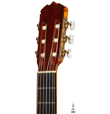 The headstock of a 1966 Jose Ramirez "1a AM" classical guitar made of cedar and CSA rosewood by Antonio Martinez.