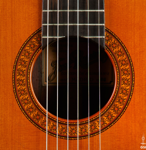 The rosette of a 1966 Jose Ramirez "1a AM" classical guitar made of cedar and CSA rosewood by Antonio Martinez.