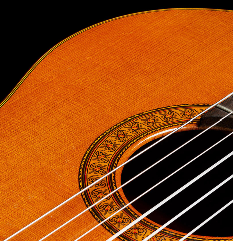 The soundboard of a 1966 Jose Ramirez "1a AM" classical guitar made of cedar and CSA rosewood by Antonio Martinez.