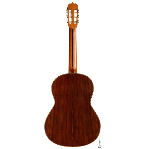 The back of a 2004 Jose Ramirez "1a Tradicional" classical guitar made of cedar and Indian rosewood