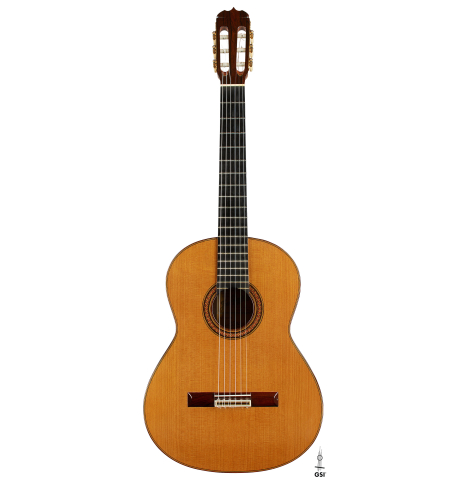 The front of a 2004 Jose Ramirez "1a Tradicional" classical guitar made of cedar and Indian rosewood