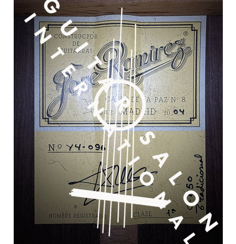 The label of a 2004 Jose Ramirez "1a Tradicional" classical guitar made of cedar and Indian rosewood