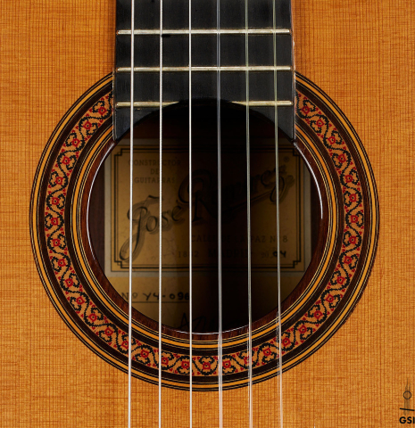 The rosette of a 2004 Jose Ramirez "1a Tradicional" classical guitar made of cedar and Indian rosewood