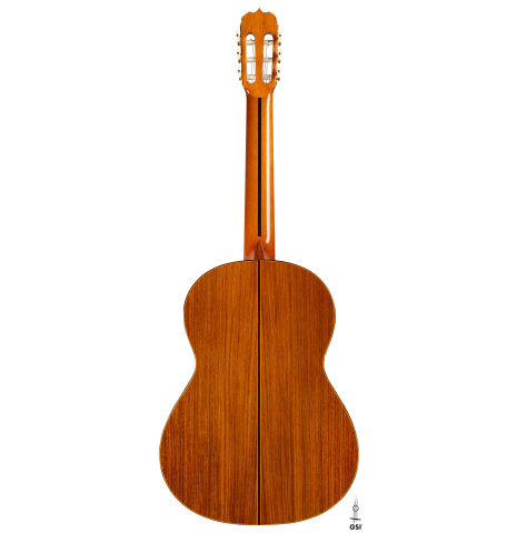 The back of a 1985 Jose Ramirez "1a" classical guitar made of cedar and Indian rosewood