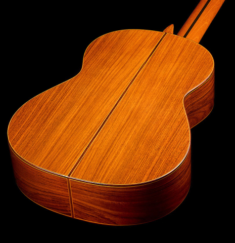 The back and sides of a 1985 Jose Ramirez "1a" classical guitar made of cedar and Indian rosewood