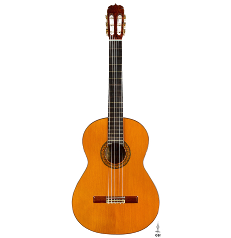 The front of a 1985 Jose Ramirez "1a" classical guitar made of cedar and Indian rosewood