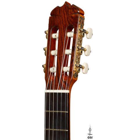 The headstock of a 1985 Jose Ramirez "1a" classical guitar made of cedar and Indian rosewood