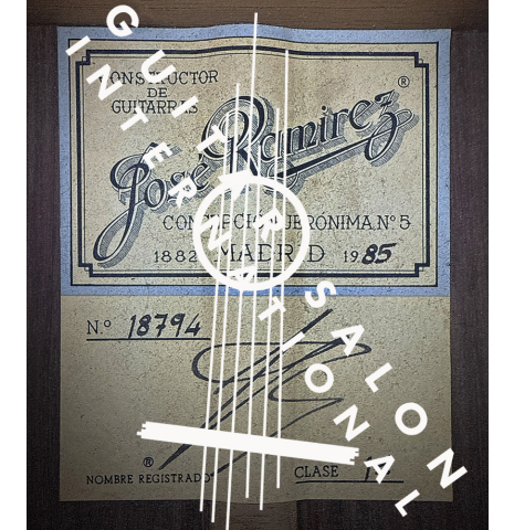 The label of a 1985 Jose Ramirez "1a" classical guitar made of cedar and Indian rosewood
