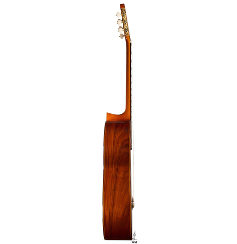 The side of a 1985 Jose Ramirez "1a" classical guitar made of cedar and Indian rosewood