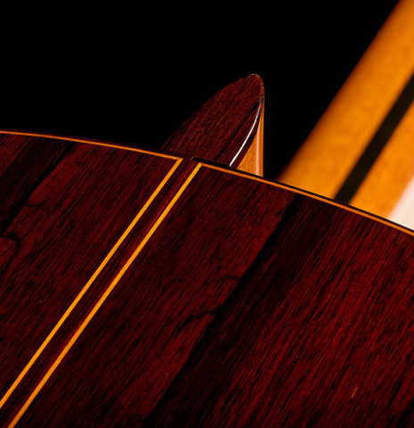 The heel, back binding and purfling of a 1969 Jose Ramirez "1a MT" classical guitar made of cedar and CSA rosewood