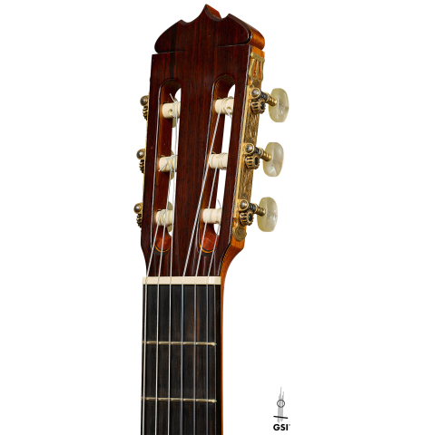 The headstock of a 1969 Jose Ramirez "1a MT" classical guitar made of cedar and CSA rosewood