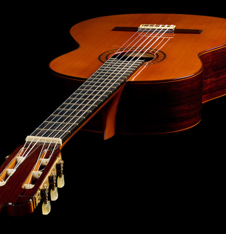 View from the headstock of a 1969 Jose Ramirez "1a MT" classical guitar made of cedar and CSA rosewood