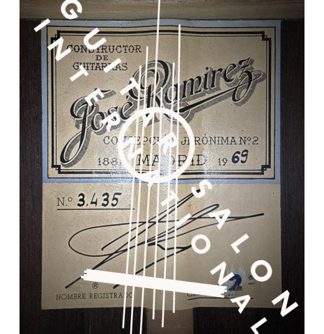 The label of a 1969 Jose Ramirez "1a MT" classical guitar made of cedar and CSA rosewood