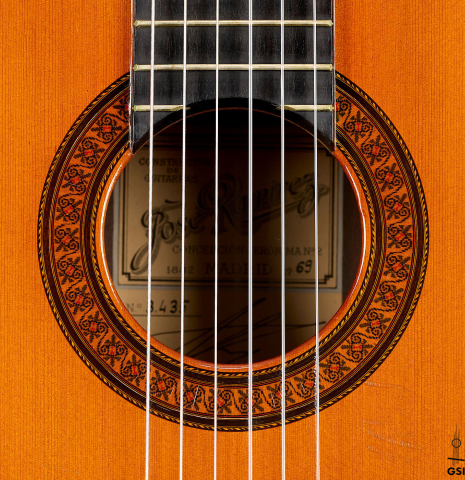 The rosette of a 1969 Jose Ramirez "1a MT" classical guitar made of cedar and CSA rosewood