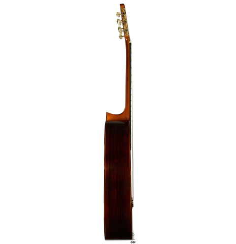 The side of a 1969 Jose Ramirez "1a MT" classical guitar made of cedar and CSA rosewood