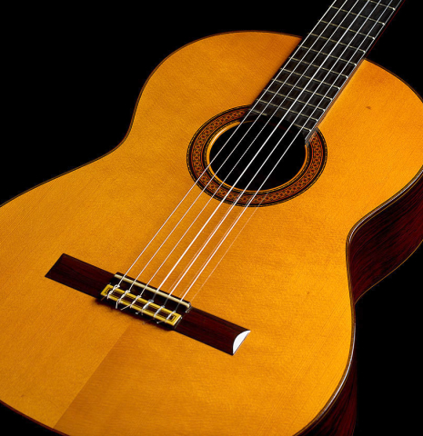 The soundboard of a 1962 Jose Ramirez "1a AM" classical guitar made of spruce and CSA rosewood