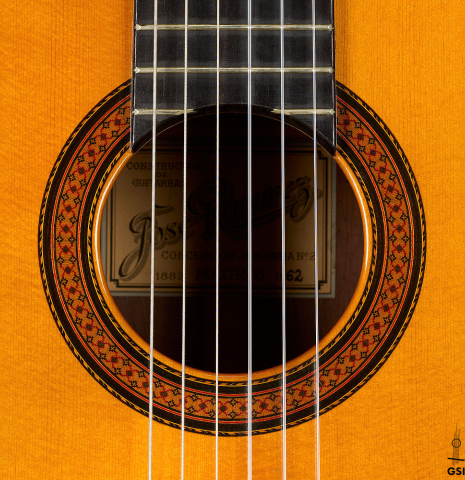 The rosette of a 1962 Jose Ramirez "1a AM" classical guitar made of spruce and CSA rosewood