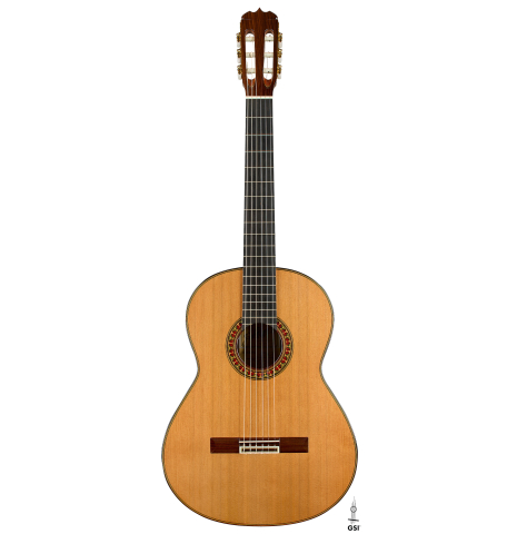 The front of a 1999 Jose Ramirez "1a" classical guitar made of cedar and Indian rosewood