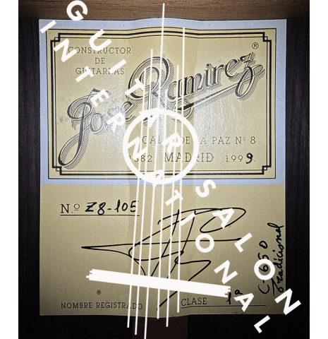 The label of a 1999 Jose Ramirez "1a" classical guitar made of cedar and Indian rosewood