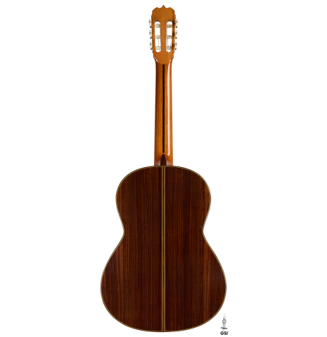 The back of a 1999 Jose Ramirez "1a" classical guitar made of cedar and Indian rosewood