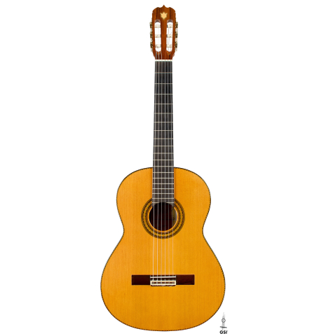The front of a 2007 Jose Ramirez "Elite" classical guitar made of cedar and African rosewood