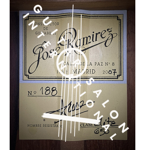 The label of a 2007 Jose Ramirez "Elite" classical guitar made of cedar and African rosewood