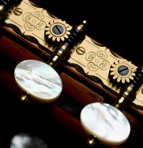 The Rodgers tuning machines of a 2007 Jose Ramirez "Elite" classical guitar made of cedar and African rosewood