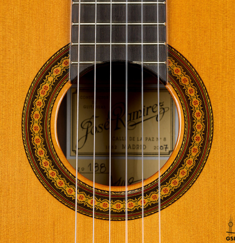 The rosette of a 2007 Jose Ramirez "Elite" classical guitar made of cedar and African rosewood