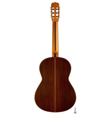 The back of a 2023 Jose Ramirez "1a C650" classical guitar made of cedar and Indian rosewood