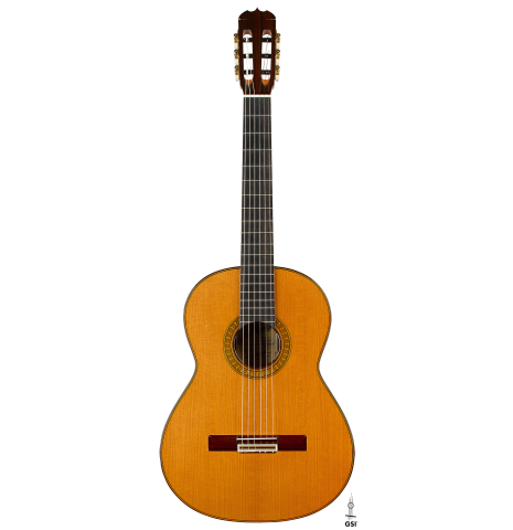 The front of a 2023 Jose Ramirez "1a C650" classical guitar made of cedar and Indian rosewood
