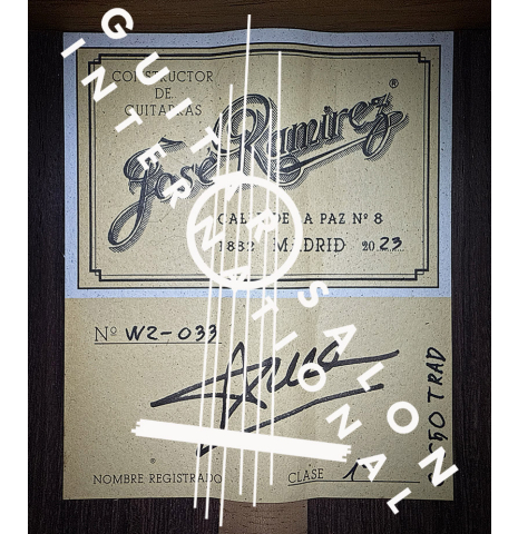 The label of a 2023 Jose Ramirez "1a C650" classical guitar made of cedar and Indian rosewood