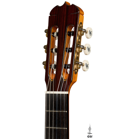 The headstock of a 2023 Jose Ramirez "1a C650" classical guitar made of cedar and Indian rosewood