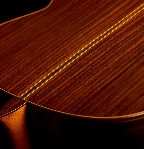 The heel, back binding and purfling of a 2023 Jose Ramirez "1a C650" classical guitar made of cedar and Indian rosewood