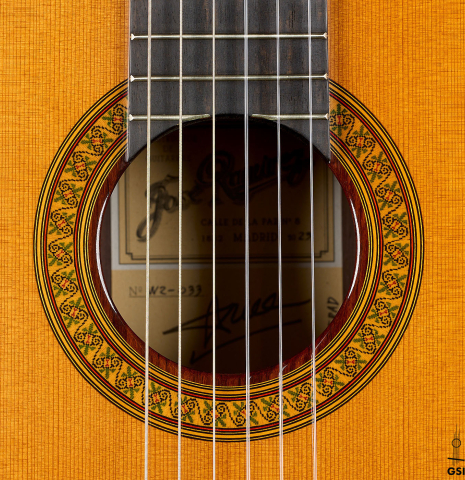 The rosette of a 2023 Jose Ramirez "1a C650" classical guitar made of cedar and Indian rosewood