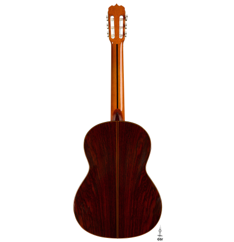 The back of a 1979 Jose Ramirez "1a" classical guitar made of cedar and Indian rosewood