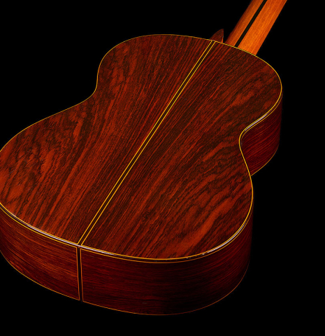 The back and sides of a 1979 Jose Ramirez "1a" classical guitar made of cedar and Indian rosewood