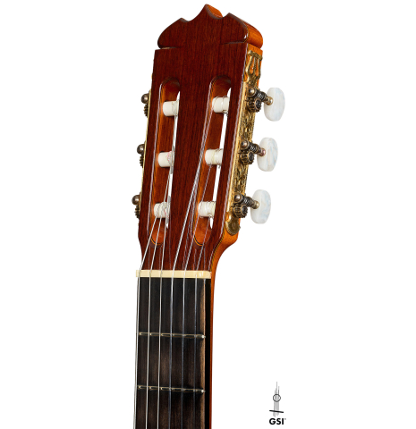 The headstock of a 1979 Jose Ramirez "1a" classical guitar made of cedar and Indian rosewood
