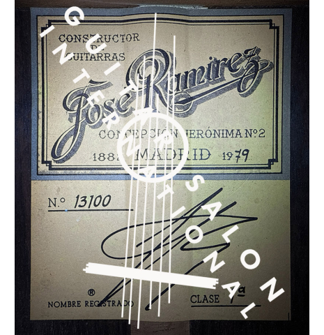 The label of a 1979 Jose Ramirez "1a" classical guitar made of cedar and Indian rosewood