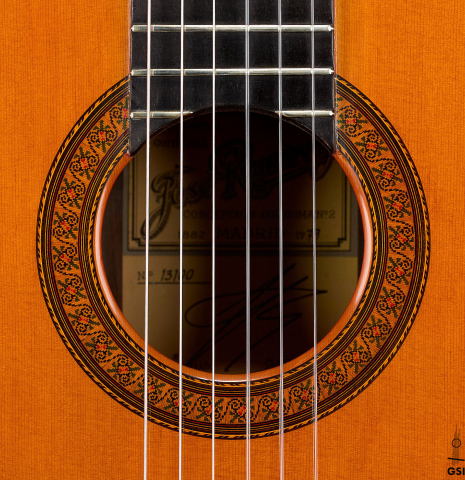 The rosette of a 1979 Jose Ramirez "1a" classical guitar made of cedar and Indian rosewood