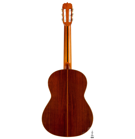 The back of a 1979 Jose Ramirez "1a" classical guitar made of cedar and Indian rosewood
