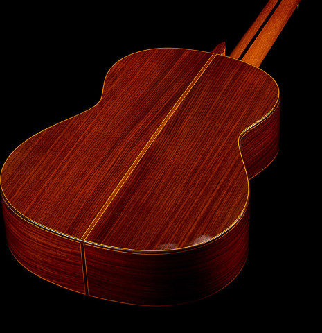 The back and sides of a 1979 Jose Ramirez "1a" classical guitar made of cedar and Indian rosewood