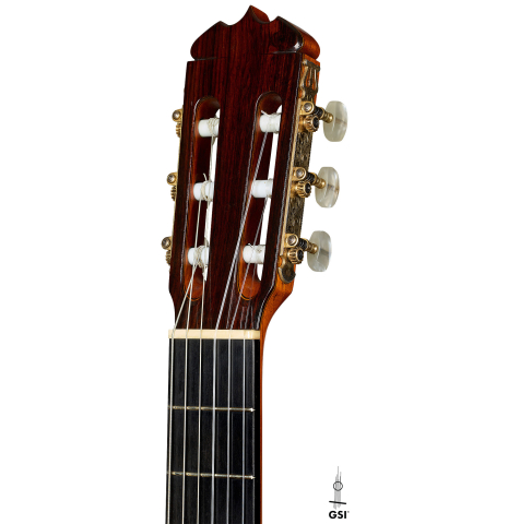 The headstock of a 1979 Jose Ramirez "1a" classical guitar made of cedar and Indian rosewood