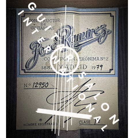 The label of a 1979 Jose Ramirez "1a" classical guitar made of cedar and Indian rosewood